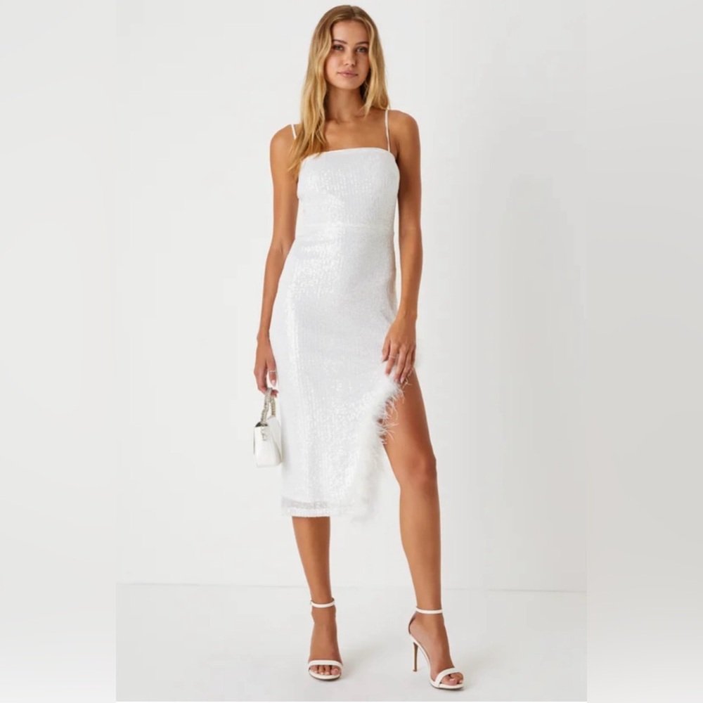 Lulu’s Sparkling Diva White Sequin Feather Dress (XS)